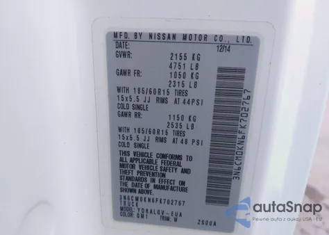 2015 Nissan Nv200 Sv from USA, damaged, VIN 3N6CM0KN6FK702767